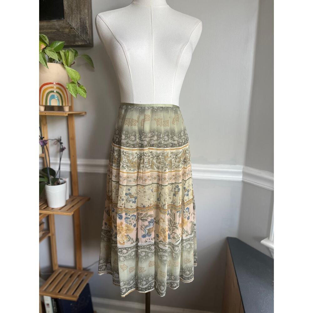 Vintage Y2K Silk Midi Skirt Pleated Sage Green Pink Floral Size 8 Medium